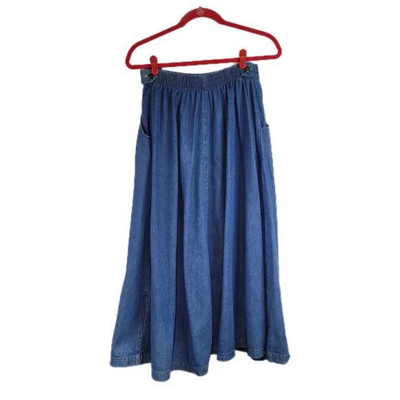 Vintage Koret City Blues Size 12 Maxi Skirt Blue Denim Pockets Elastic Waist - Picture 2 of 14